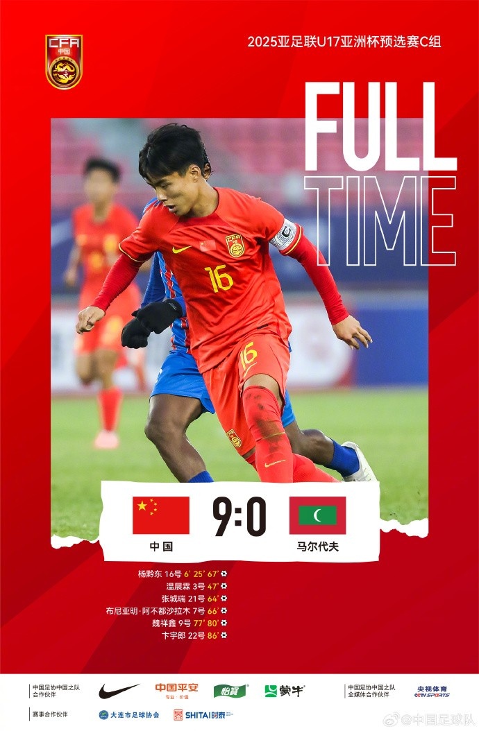 在U17亚洲杯预选赛C组第三场，中国队以9-0大胜马尔代夫队